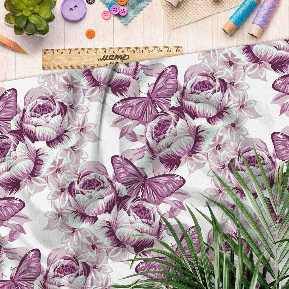 Ткань интерлок бабочки на розах