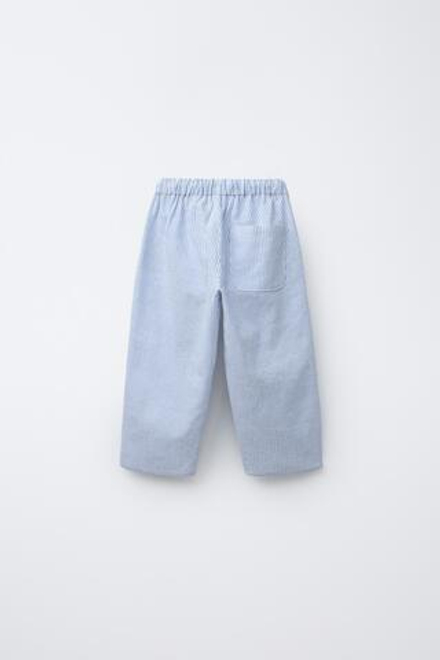 ZARA БРЮКИ BAGGY ИЗ СМЕСОВОГО ХЛОПКА И ЛЬНА, СИНИЙ/БЕЛЫЙ