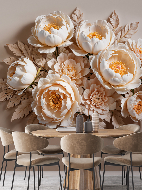 3D Объемные фотообои цветы пионы бежевые