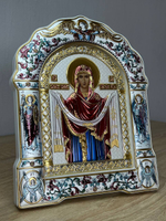 Покрова БМ, икона арочная с рамкой под стеклом, белое дерево, эмаль 206х270