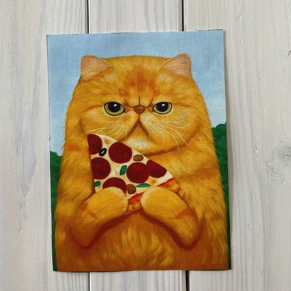 РЫЖИЙ КОТИК С ПИЦЦЕЙ , панно, холст 20 / 15 см 1