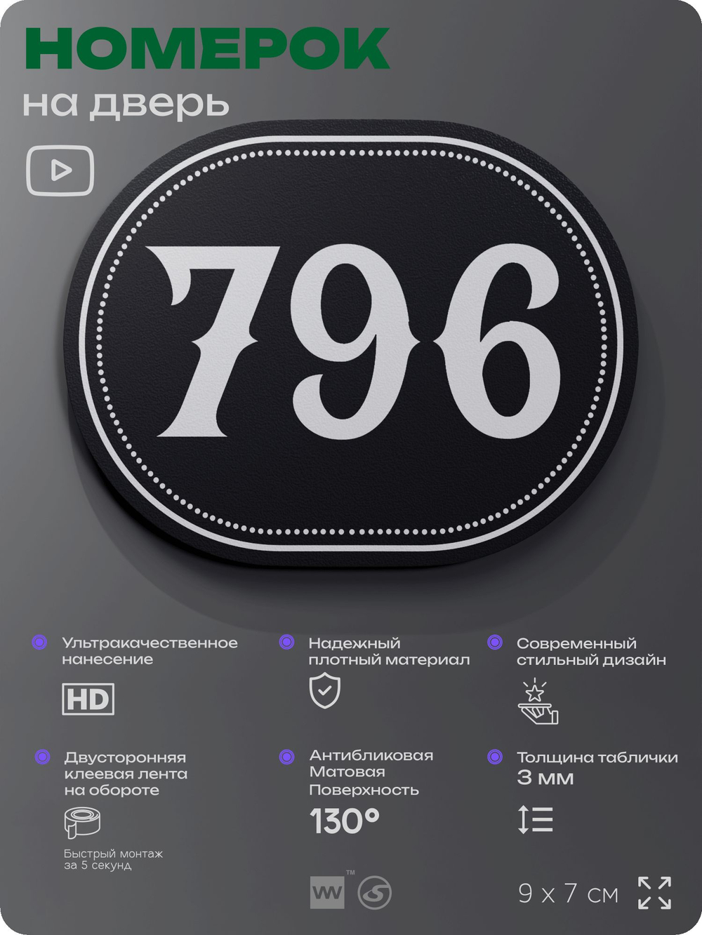 Номерок на дверь квартиры 796, для кабинета, офиса, шильдик 9 х 7 см, черный, Айдентика Технолоджи