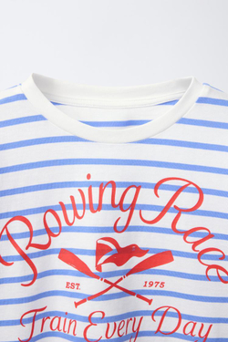 ZARA ФУТБОЛКА В ПОЛОСКУ С МОРСКИМ ПРИНТОМ, НЕБЕСНО-ГОЛУБОЙ