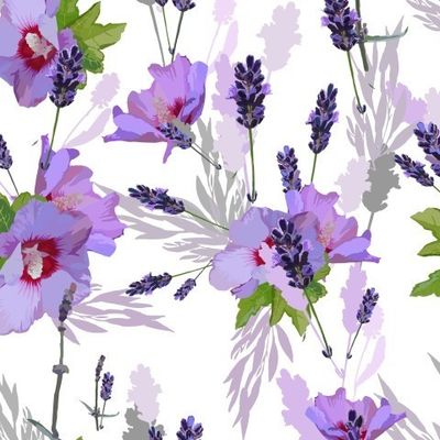 сиреневые букетики с цветами гибискуса и лаванды