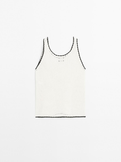 Massimo Dutti Топ из кружева кроше на бретелях из 100% хлопка, натуральный, кремовый