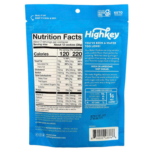 HighKey, Wafers, Vanilla, 2 oz (56.6 g)