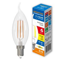 LED-CW35-6W-3000K-E14-CL-DIM-SLF Лампа светодиодная диммируемая. Форма свеча на ветру. прозрачная. Теплый белый свет 3000K. Картон. ТМ Volpe