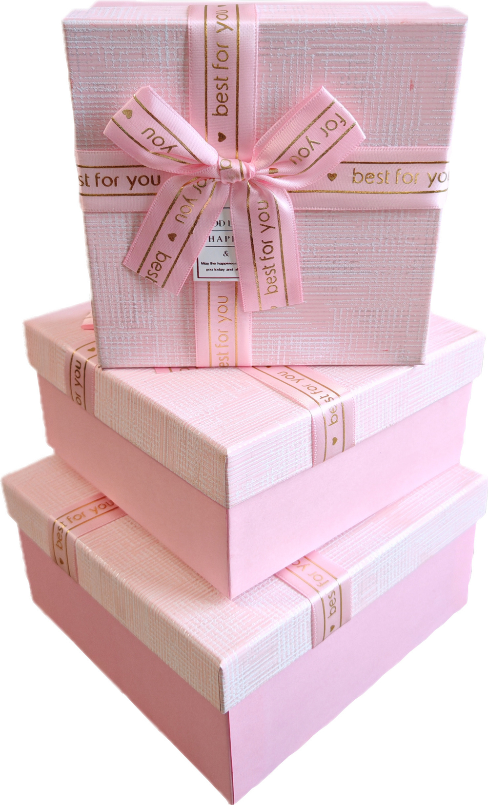 Набор подарочных коробок 3в1 с бантом, розовый/золото 15*15*6.5, 17*17*8, 19*19*9.5см