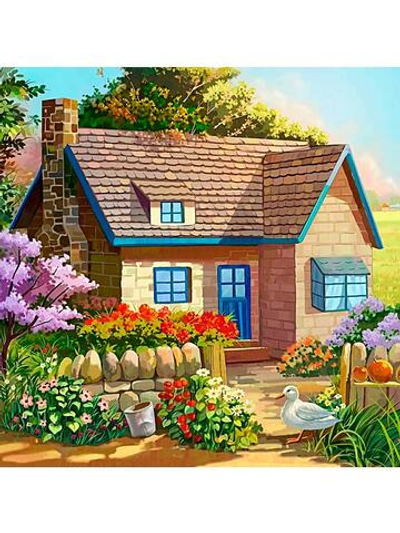 Алмазная мозаика 20*20см. блест. на картоне "Домик в деревне" с част. заполн. 20цв. (Арт. НД-0910)