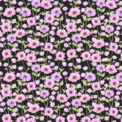 Букет сиреневых и розовых анемонов на черном фоне