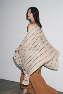 ZARA ПОЛОСАТЫЙ ПЛАТОК ИЗ 100% ЛЬНА, ПЕСОЧНЫЙ
