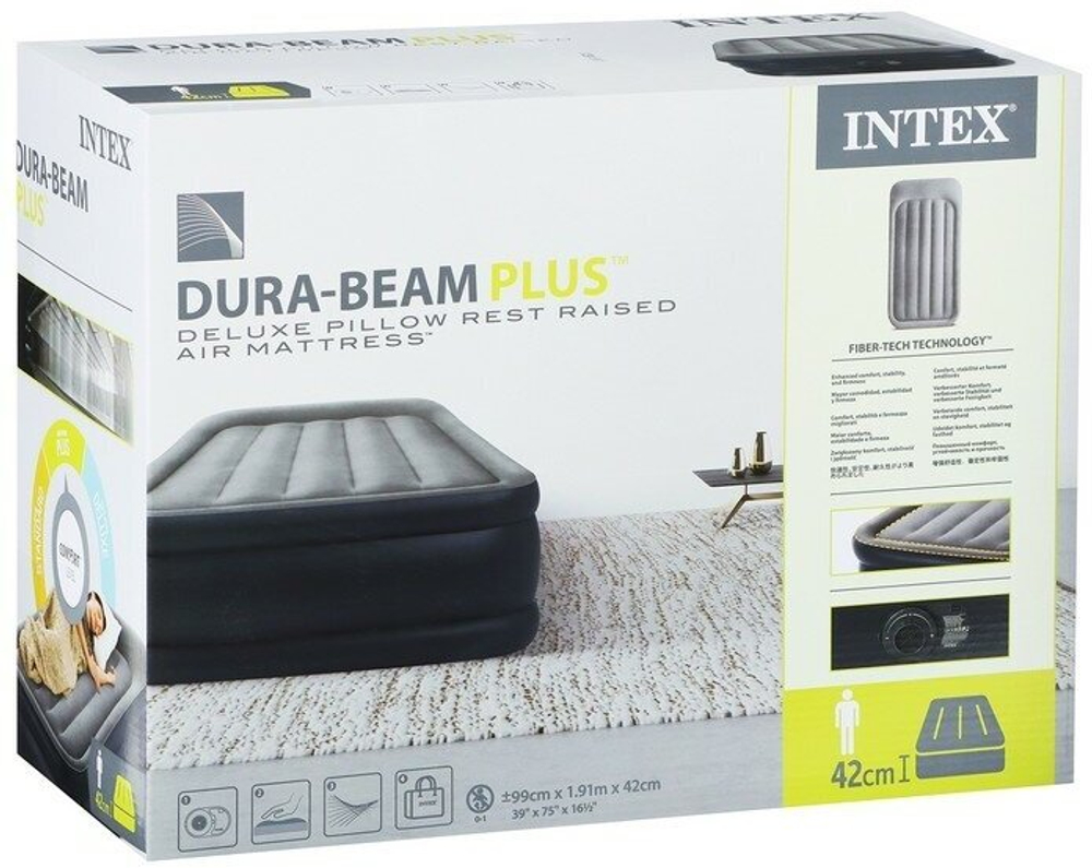 Кровать надувная Intex, 191х99х42 см, 64132NP, нас встроен, электр, флок, с ребрами жест, 136 кг