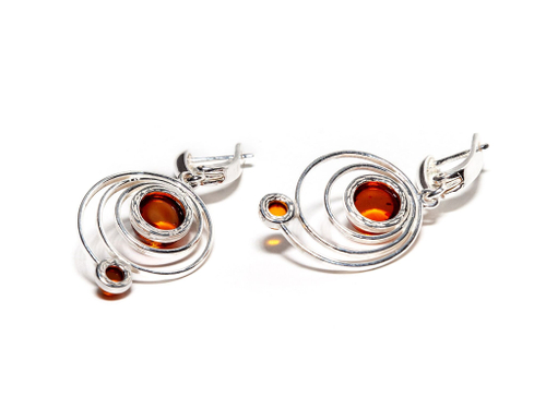 Серьги с натуральным янтарем коньячного цвета "Солнечная система"