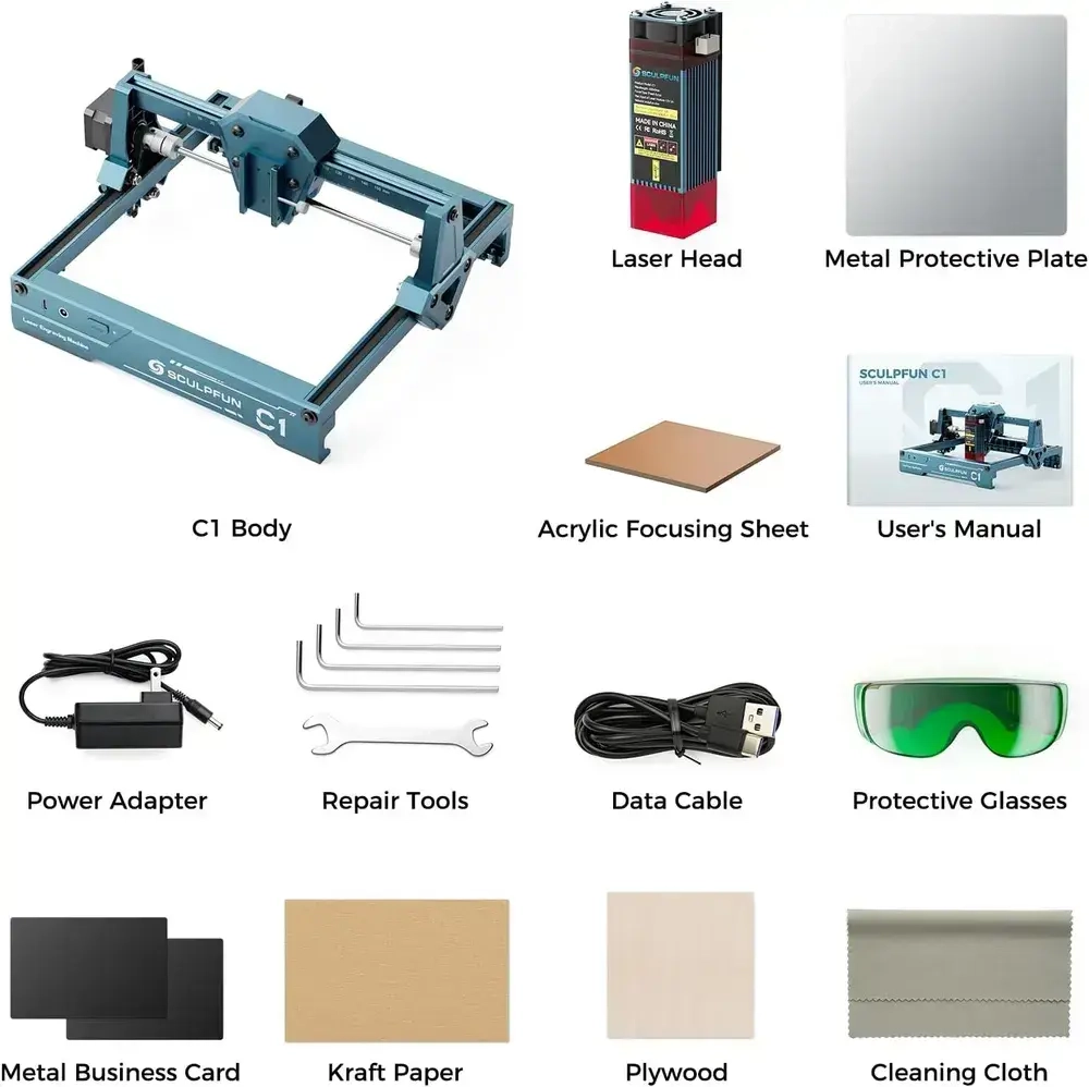 SCULPFUN C1 3 Вт Мини-лазерный гравировальный станок, высокая точность 0,04 мм, скорость до 10 000 мм/мин, подключаемый и работающий многофункциональный станок
