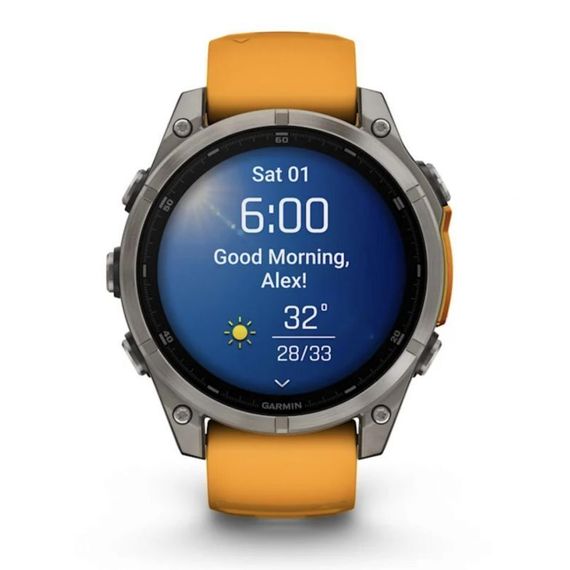 Garmin Fenix 8 47 мм AMOLED Sapphire – титановый корпус, оранжевый ремешок