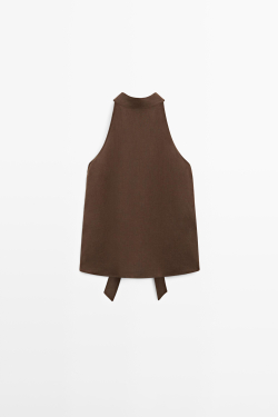 Massimo Dutti Топ из 100% струящегося льна с горловиной халтер, коричневый