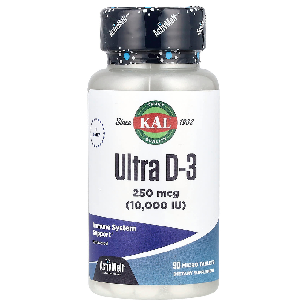 KAL, Ultra D-3, витамин D3, с нейтральным вкусом, 250 мкг (10 000 МЕ), 90 мини-таблеток
