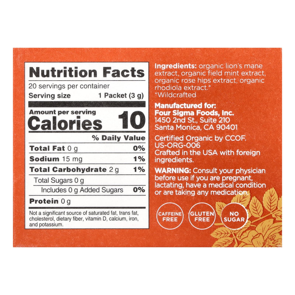Four Sigmatic, Think, органическая смесь эликсира с грибом ежовиком гребенчатым и родиолой, без кофеина, 20 пакетиков по 3 г (0,1 унции)