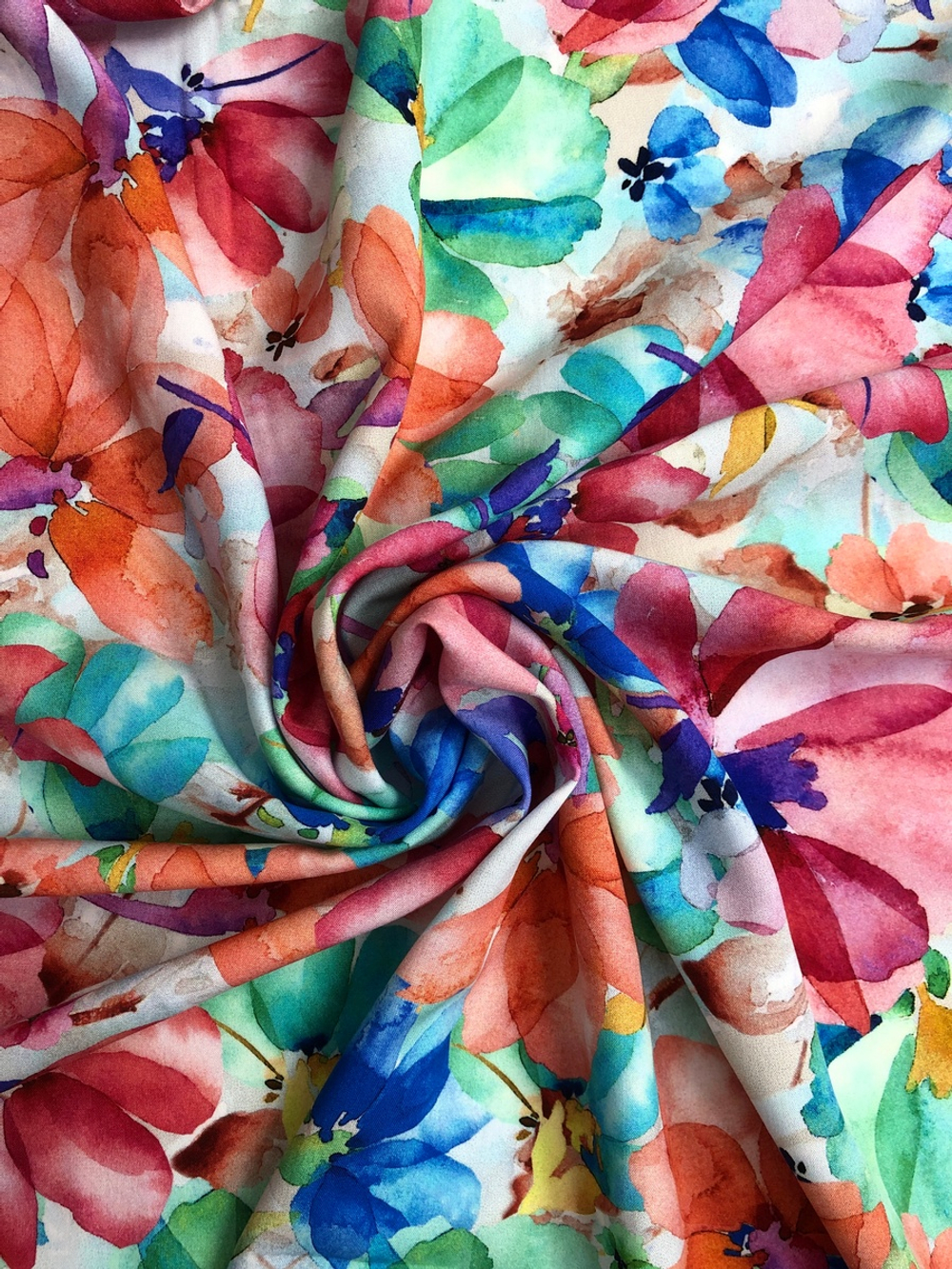 Штапель принт акварель малинов/голубой/зеленый