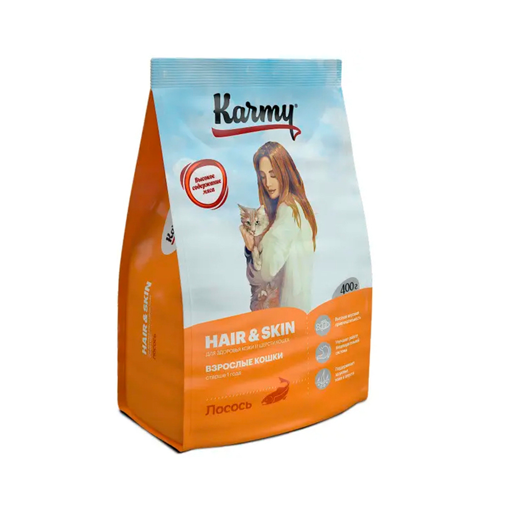 Сухой корм Karmy Hair & Skin, для кошек, для здоровье кожи и шерсти, c лососем, 400 г