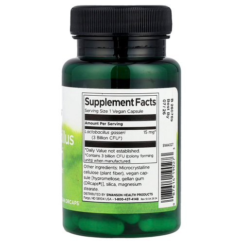 Swanson Vitamins, лактобактерии гассери, 3 млрд КОЕ, 60 веганских капсул DRcaps