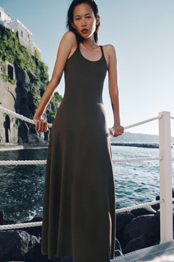 ZARA ПЛАТЬЕ ИЗ ТКАНИ С ЭФФЕКТОМ ПОЛОТНА, ХАКИ