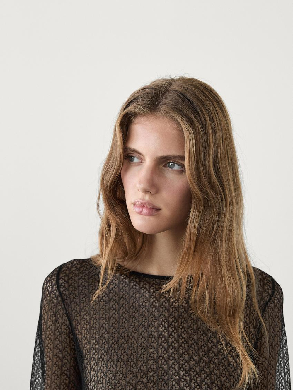 Massimo Dutti Укороченный свитер ажурной вязки, черный