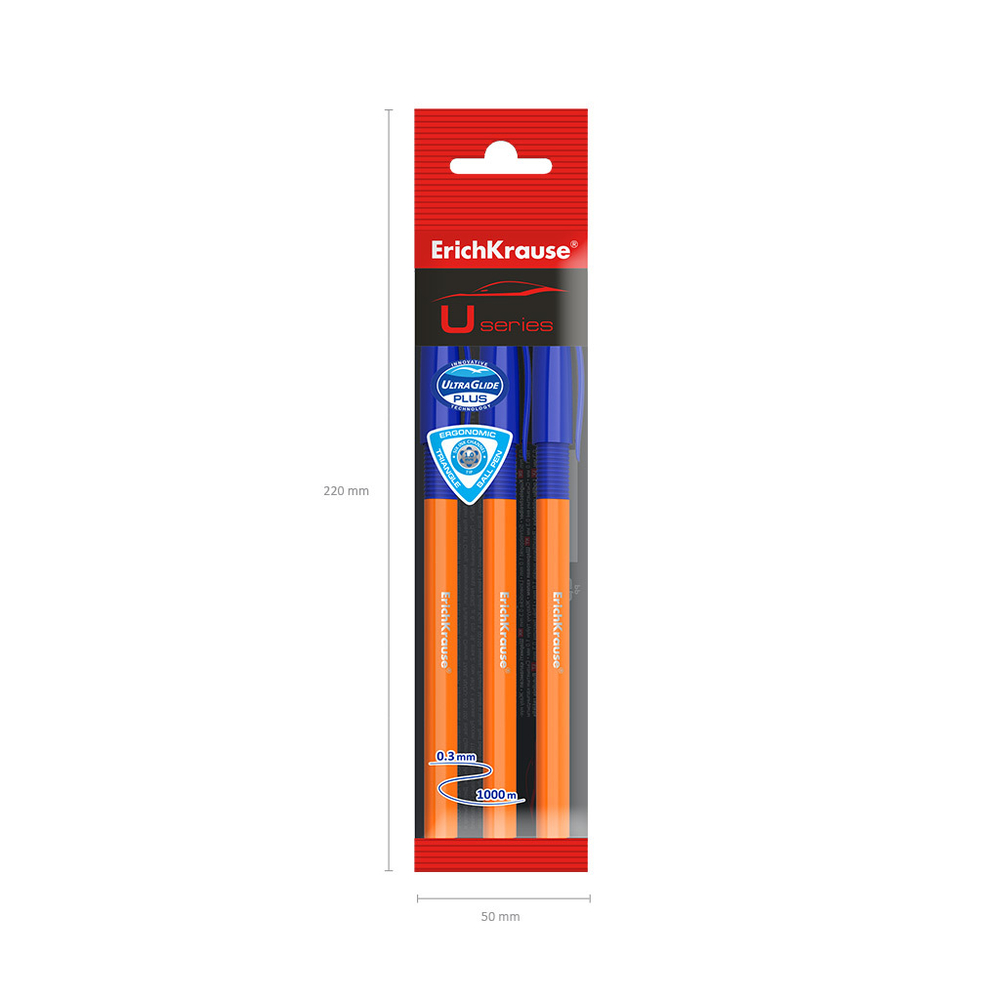 Набор из 3 ручек шариковых ErichKrause U-109 Stick&Grip Orange 0.7, Ultra Glide Technology, цвет чернил синий (в пакете)