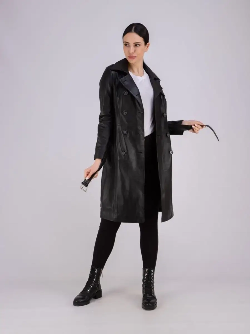 Тренч длинный кожаный с поясом плащ на весну