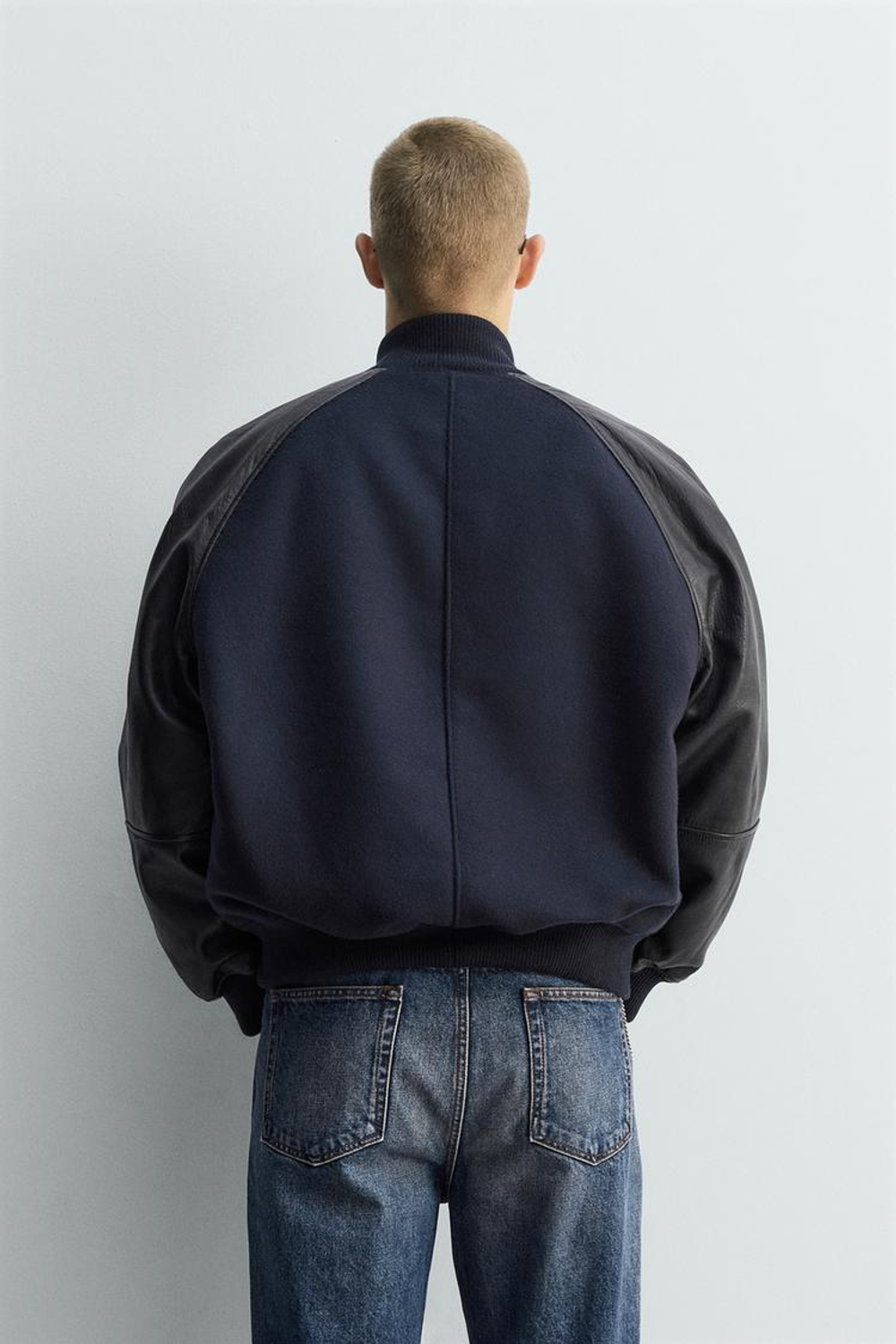 ZARA КОМБИНИРОВАННЫЙ КОЖАНЫЙ БОМБЕР LIMITED EDITION, МОРСКОЙ ТЕМНО-СИНИЙ