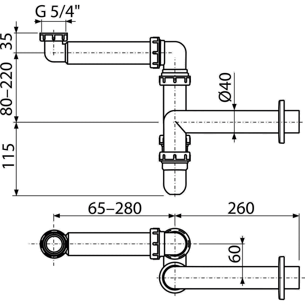 Сифон для умывальника прямоточ. смещ. 1 1/4*40  с нак. гайкой A434/AG210521154  Alcaplast/Alcadrain