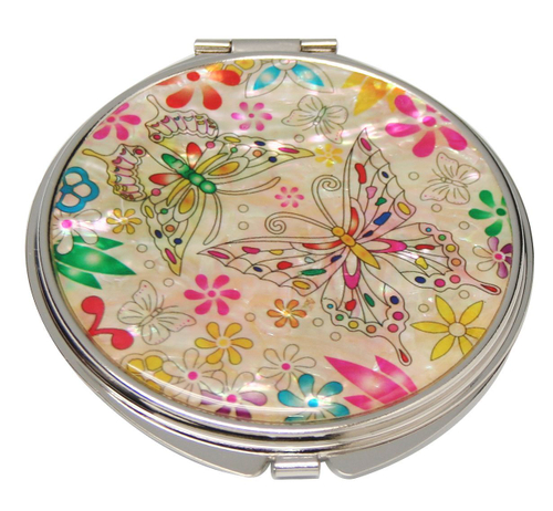 Зеркальце складное ручной работы Цветы и бабочки, Южная Корея 75мм