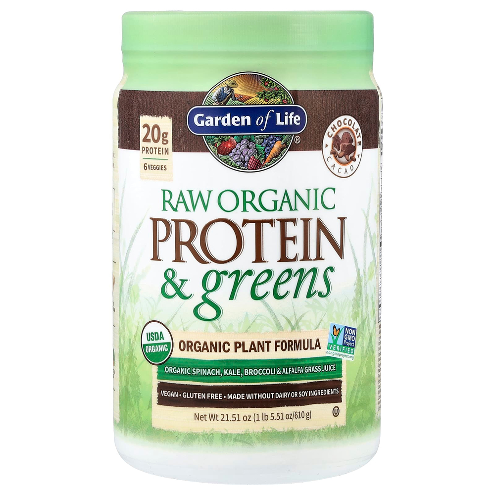 Garden of Life, необработанный органический протеин и зелень, со вкусом шоколадного какао, 610 г (1 фунт, 5,51 унции)