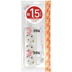 Удлинитель электрический ЭРА UX-3e-1,5m с заземлением 3 розетки 1,5 м ПВС 3x0,75мм2 10А | Бытовые удлинители