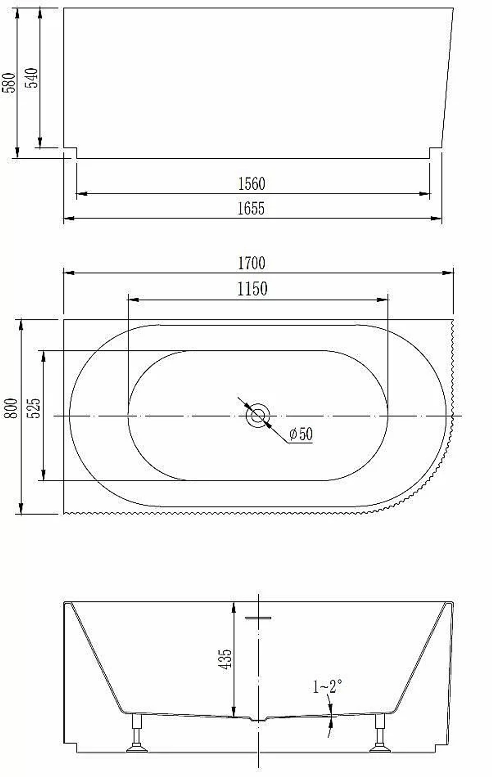 Ванна акриловая Vincea VBT-428-1700 170x80 белый