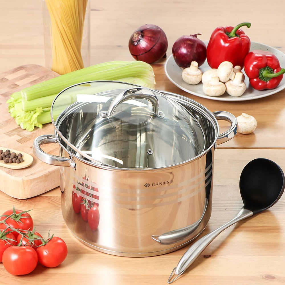 Кастрюля нерж, 9 л, с крыш, Daniks, Общепит, SD-6BP-9, индукц