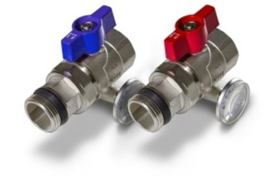 Кран прямой+тройник+термометр (крас. син.) TIM 1/20