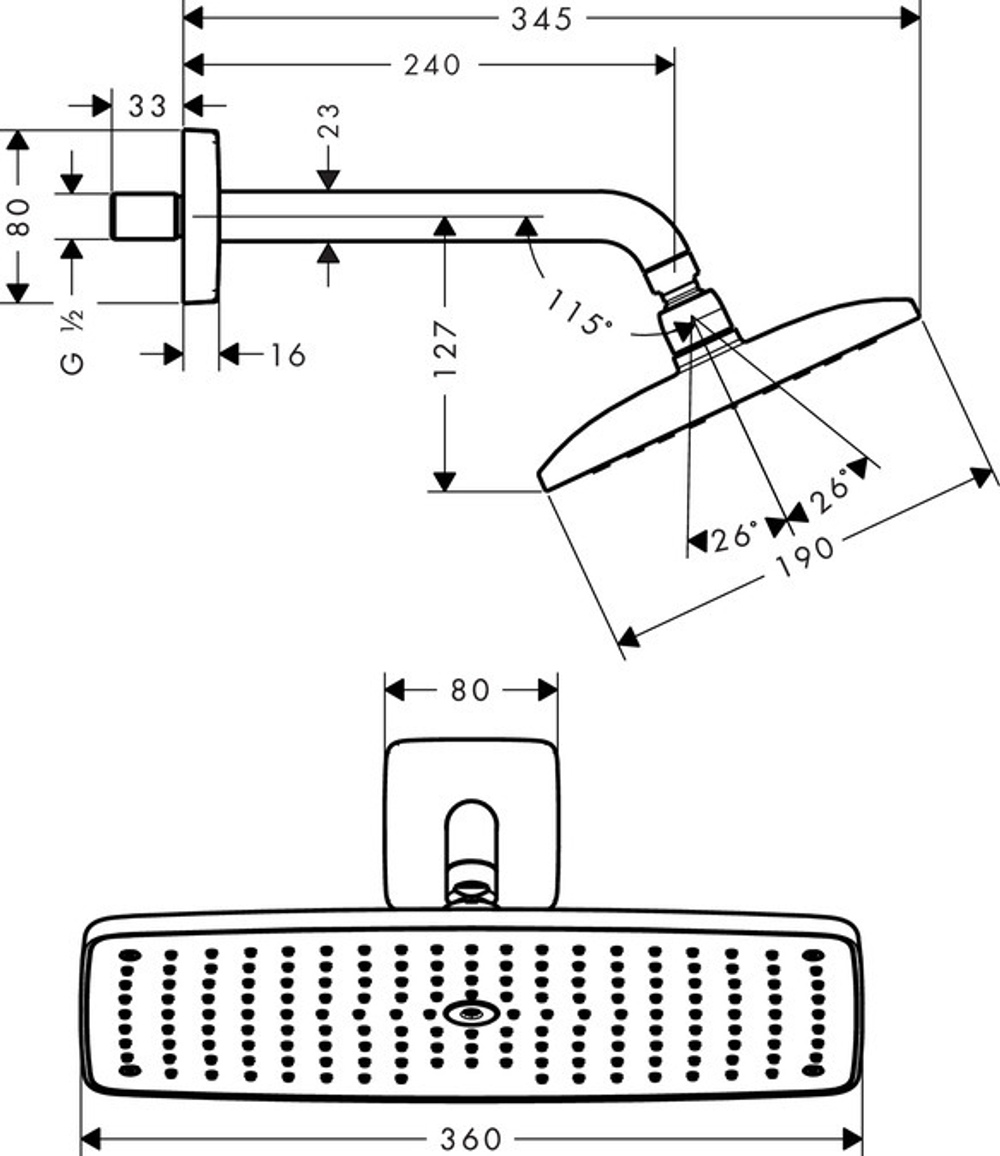 27371000 Raindance Верхний душ Raindance E 360 AIR 1jet, держатель 223 мм, ?’