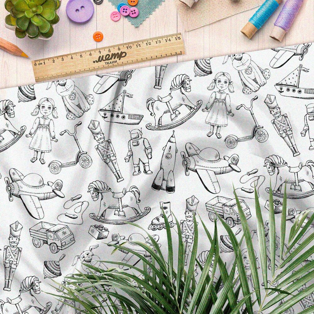 Ткань таффета эскизы детских игрушек на бежевом фоне