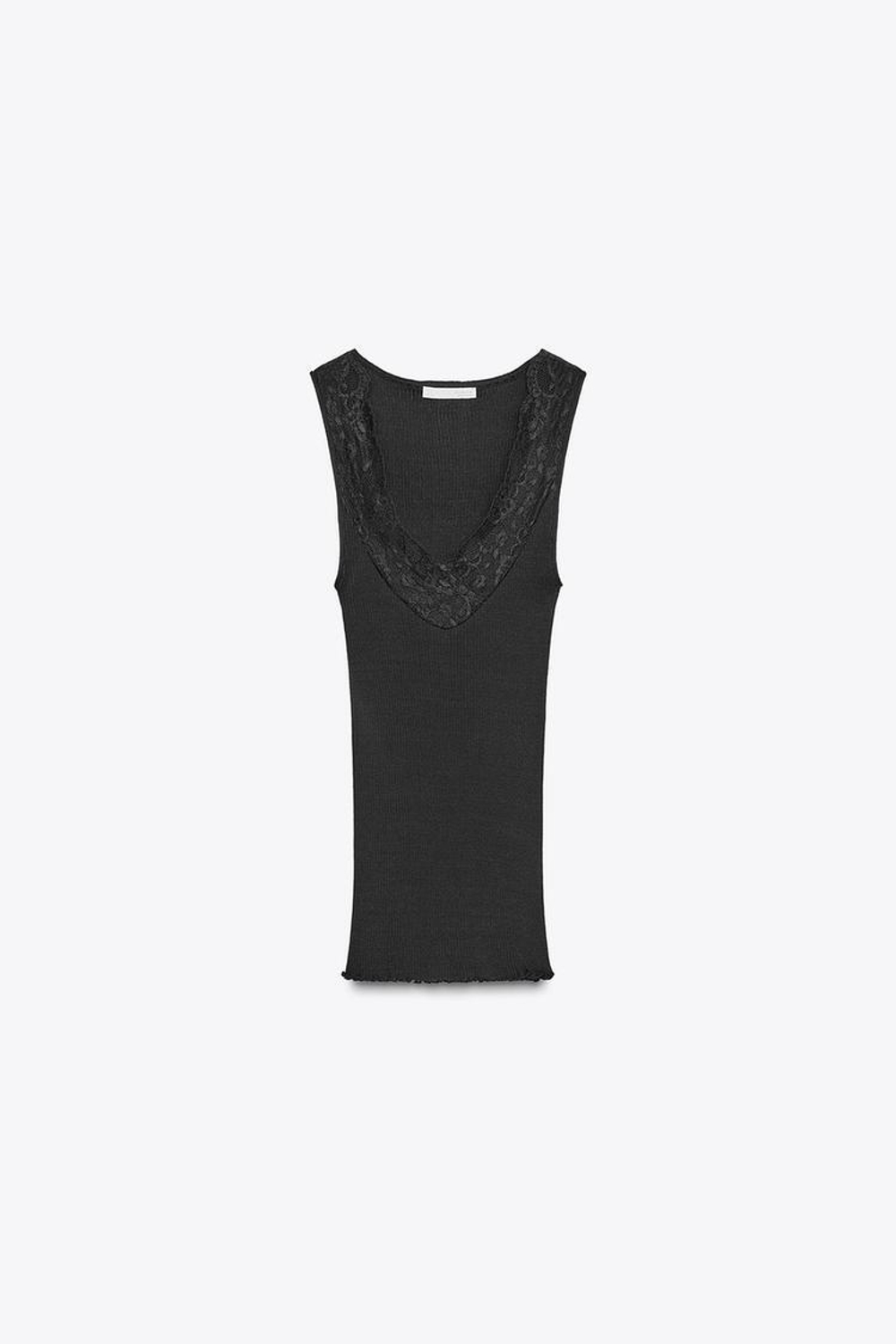 ZARA ФУТБОЛКА В РУБЧИК С КРУЖЕВОМ, ЧЕРНЫЙ