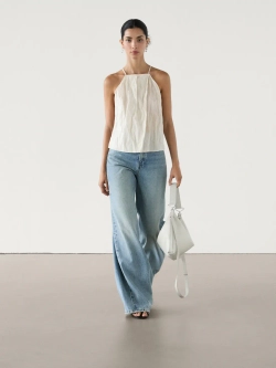 Massimo Dutti Топ с горловиной халтер и принтом, натуральный, кремовый