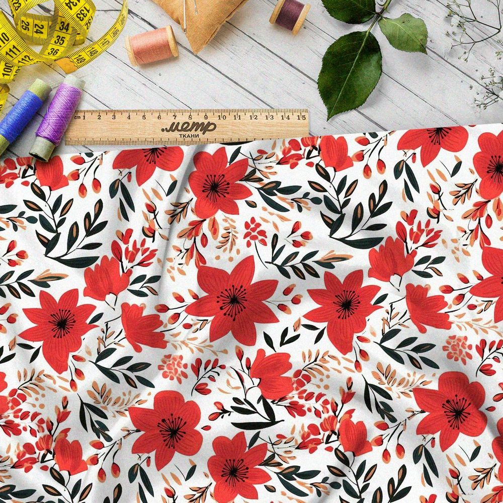Ткань премиум бифлекс яркие красные цветы