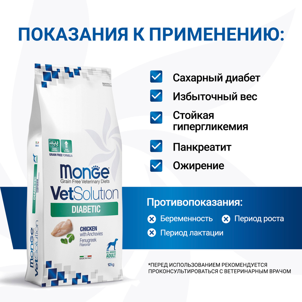 Корм для собак диетический Monge VetSolution Dog Diabetic Диабетик при сахарном диабете 12 кг