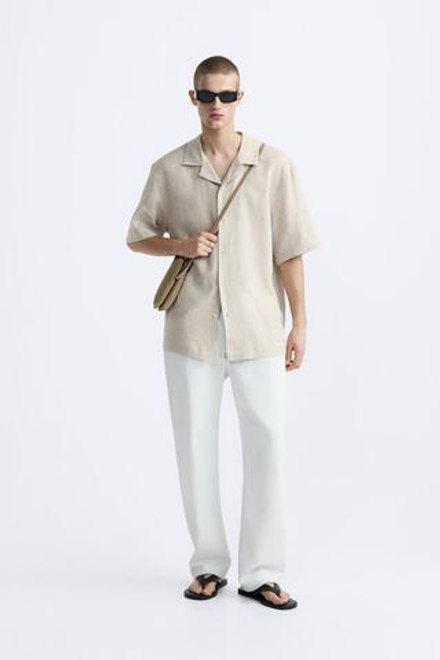 ZARA РУБАШКА ИЗ 100% ЛЬНА, СВЕТЛО-БЕЖЕВЫЙ