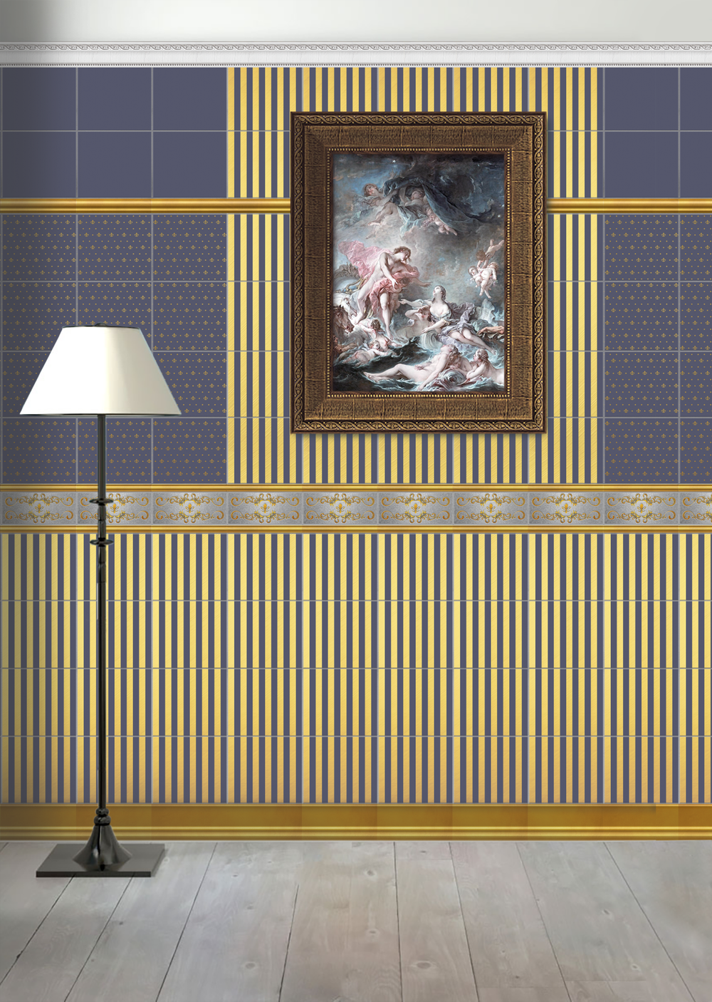 Панель ПВХ фотопечать с глиттером Лорд Золото Синий фон 2700х250мм