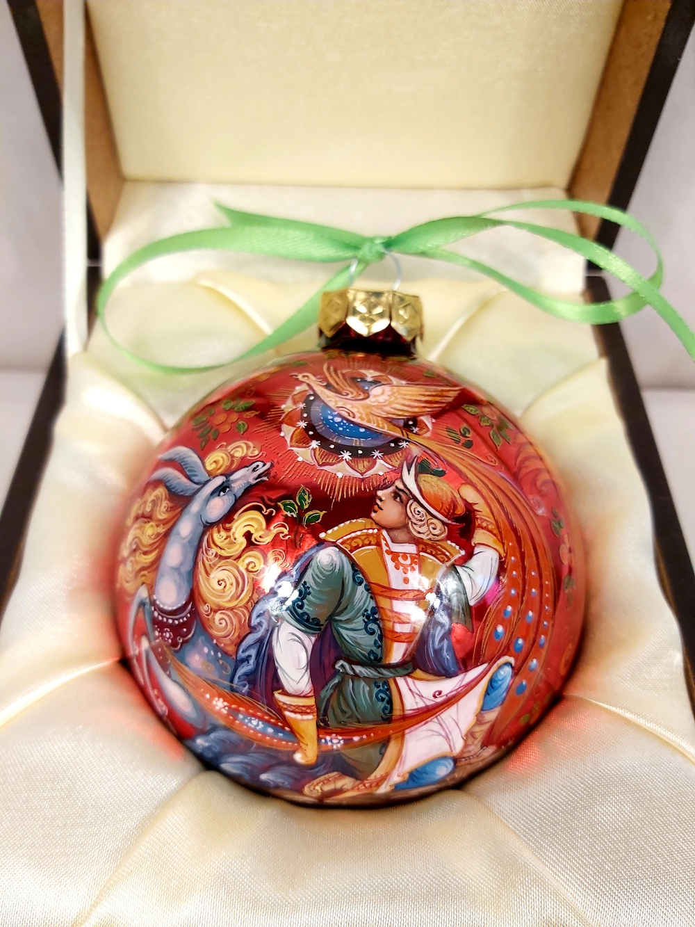 Шар новогодний с круговой росписью Палех "Конек-горбунок" в футляре