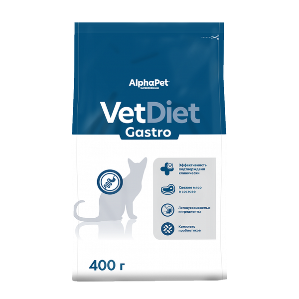Сухой диетический корм AlphaPet VetDiet GASTRO для взрослых кошек и котов при острых расстройствах пищеварения, в реабилитационный период и при истощении