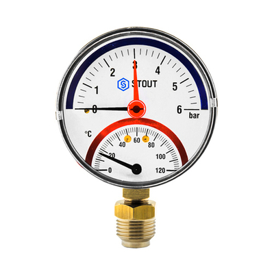 Термоманометр радиальный STOUT - 1/2" (D80 мм, шкала 0-120°C/0-4 бар, с запорным клапаном)