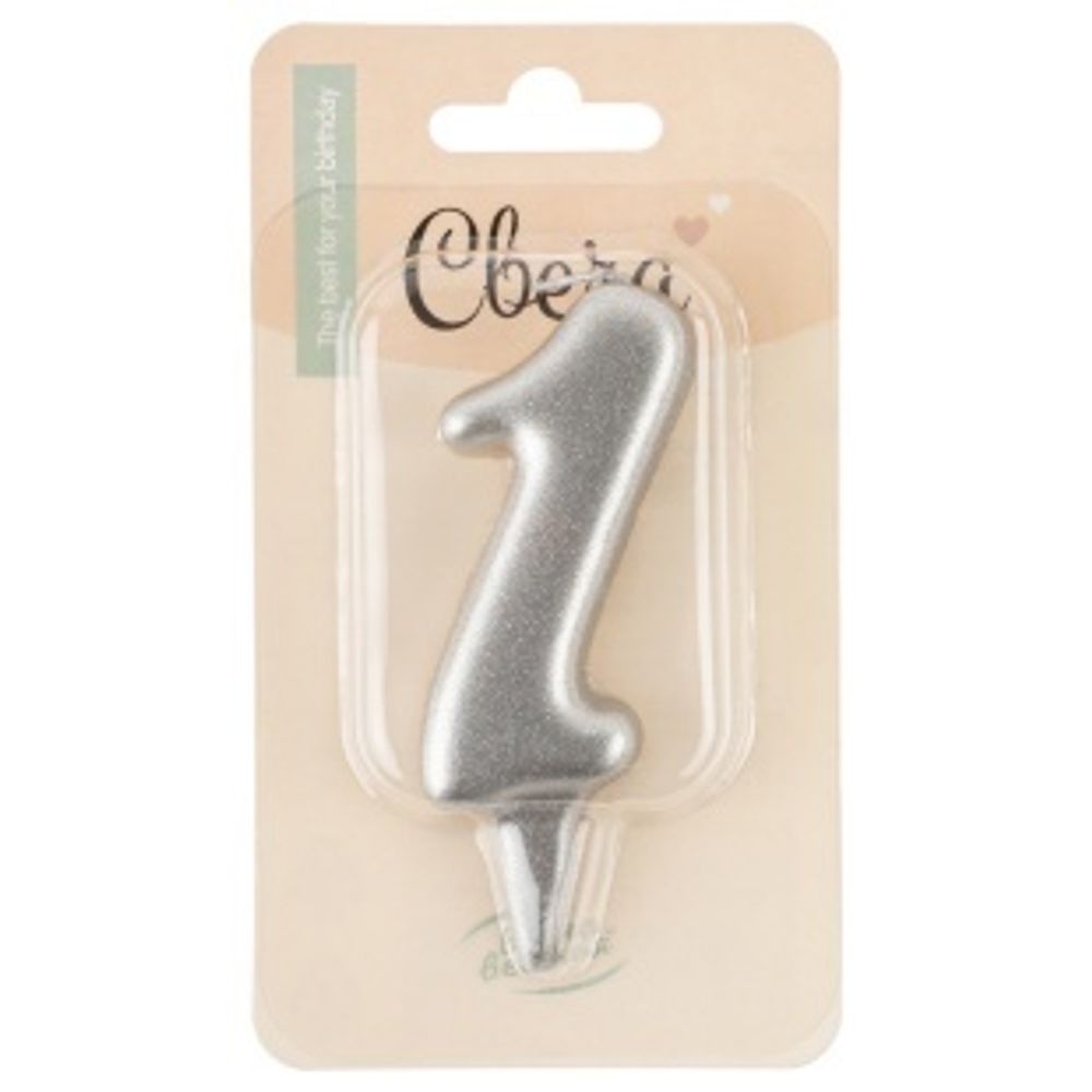 Свеча Цифра, 1 Овал, Серебро, Металлик, 7 см, 1 шт. с держат.