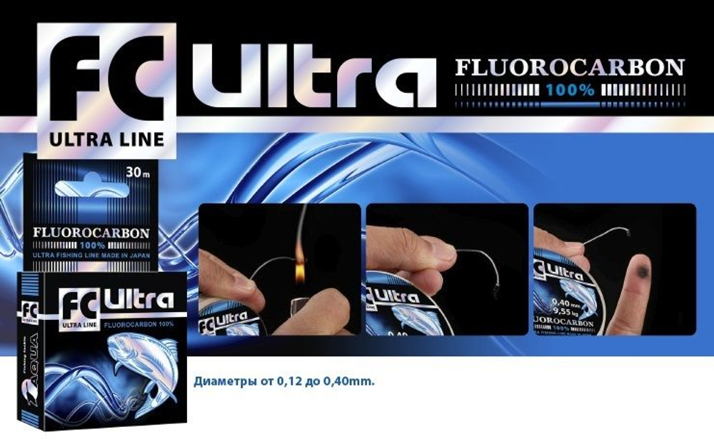 Леска для рыбалки AQUA FC Ultra Fluorocarbon 100% 0,14mm 30m, цвет - прозрачный, test - 2,15kg ( 1 штука )